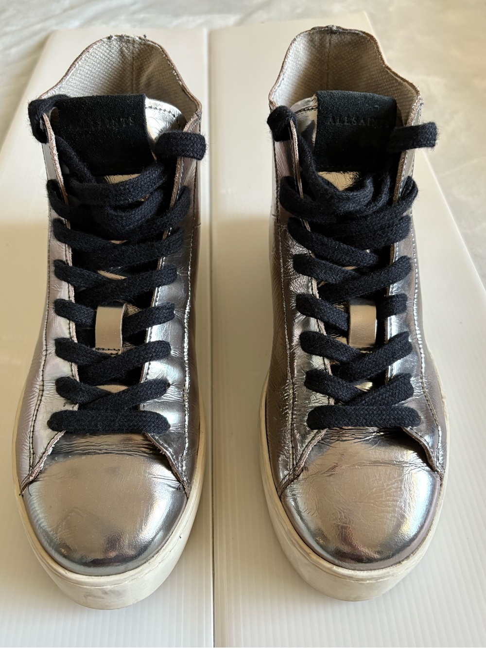 AllSaints Metallic Silver Leather Sneaker Upper with Black suede tag